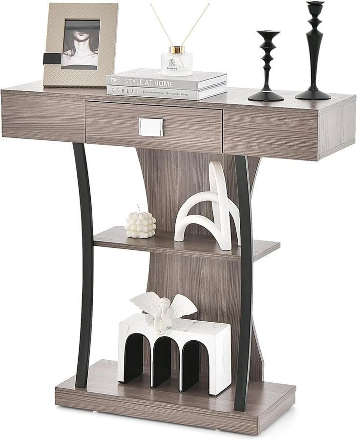 Costway Consoletafel van hout met laden en metalen frame en 2 planken smalle gangtafel bijzettafel met kantelbeveiliging voor entree en woonkamer