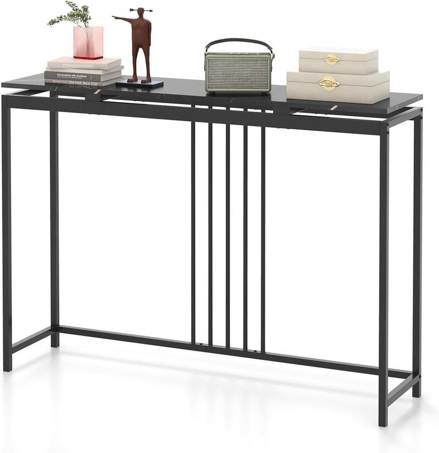 Costway Consoletafel zwart entreetafel hout met marmerlook bijzettafel met zwart metalen frame gangtafel modern 120 x 30 x 90 cm