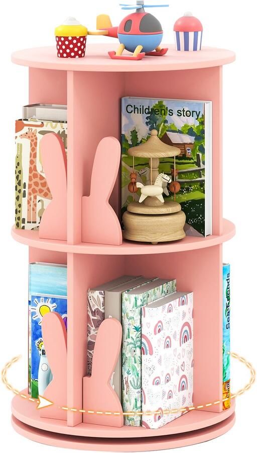Costway Draaibaar boekenkast voor kinderen kinderrek met 2 niveaus en hazenscheidingswanden 360 graden kinderboekenrek vrijstaand speelkamer 40 x 40 x 65 cm (roze)