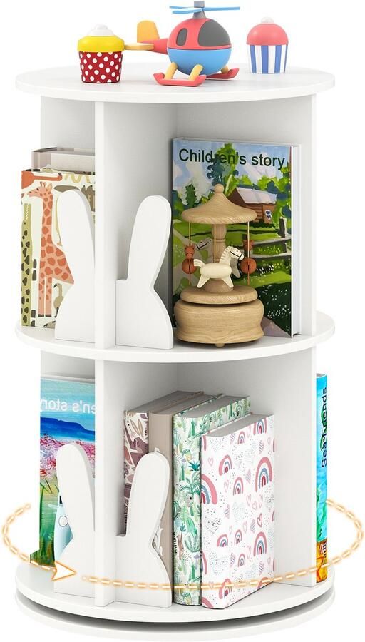 Costway Draaibaar boekenkast voor kinderen kinderrek met 2 niveaus en hazenscheidingswanden 360 graden kinderboekenkast vrijstaand speelgoedrek voor kinderkamer speelkamer 40 x 40 x 65 cm (wit)