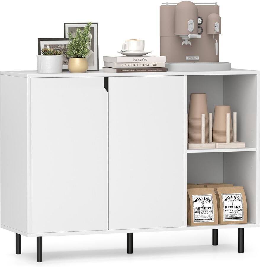 Costway Dressoir hout commode met 4 vakken en 2 deuren dressoirkast buffetkast keukenkast verstelbare planken kast modern 106 x 38 x 80 cm wit