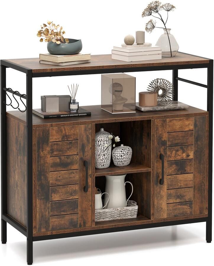 Costway Dressoir keukenkast met 3 haken commode met 2 deuren open vakken verstelbare planken opbergkast voor keuken eetkamer woonkamer industriële stijl 84 x 35 x 80 cm vintage bruin zwart