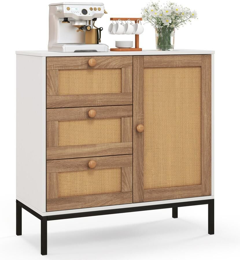 Costway Dressoir rotan commode met 1 deur en 3 laden keukenkast 80 x 35 x 80 5 cm woonkamerkast buffetkast keukeneiland voor keuken woonkamer eetkamer (1)