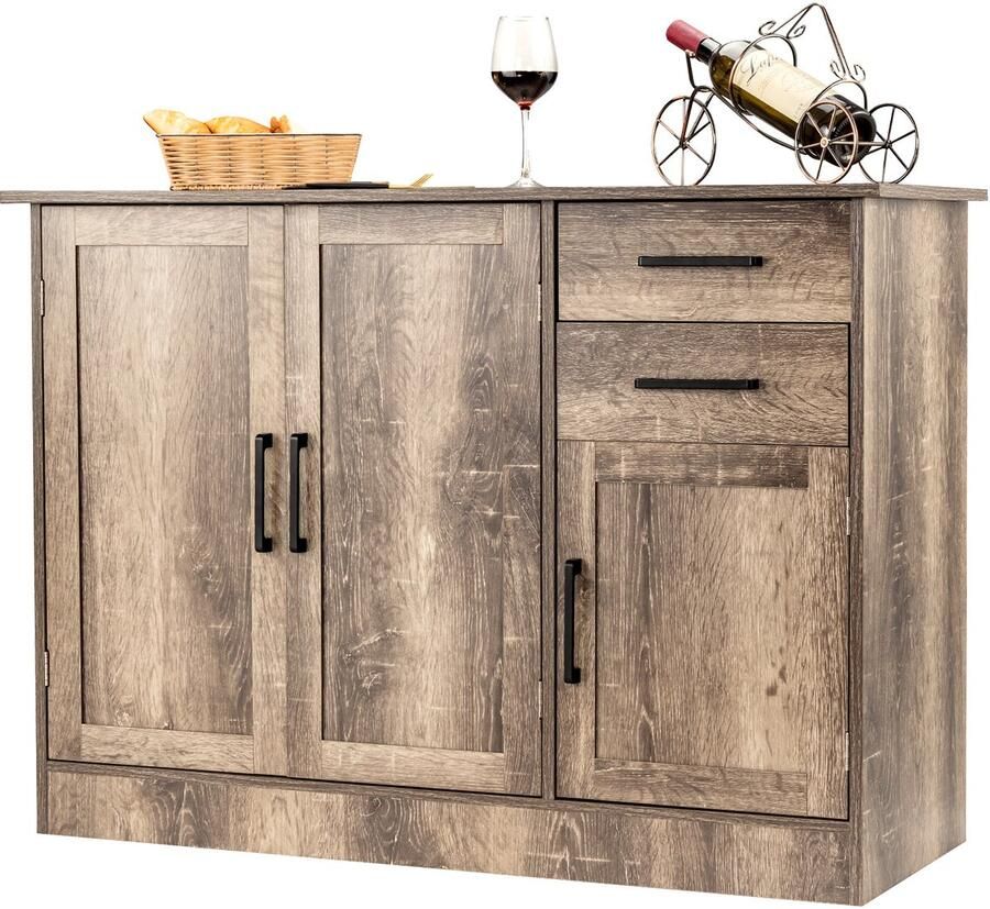 Costway Dressoir van hout keukenkast met 2 laden 3 deuren en 1 verstelbare plank multifunctionele buffetkast industrieel voor keuken woonkamer slaapkamer 110 x 40 x 78 cm