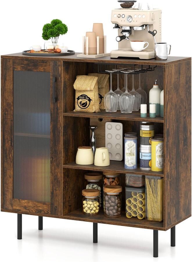 Costway Dressoir van hout keukenkast met glazen deur verstelbaar wijnrek en geïntegreerde wijnglashouders commode voor woonkamer keuken eetkamer buffetkast vintage 95 x 35 x 98 cm