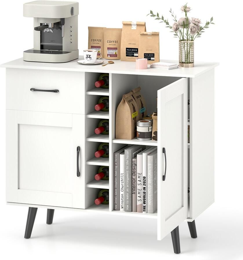 Costway Dressoir wit Sideboard met 6 flessen wijnrek keukenkast met 1 lade & 2 deuren & 2 verstelbare planken buffetkast voor keuken woonkamer eetkamer 40 x 90 x 79 cm
