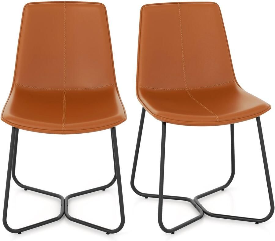 Costway Eetkamerstoelen Set van 2 keukenstoelen bekleed met kunstleer met metalen poten accentstoelen zonder armleuningen belastbaar tot 150 kg gestoffeerde stoelen voor eetkamer woonkamer bruin