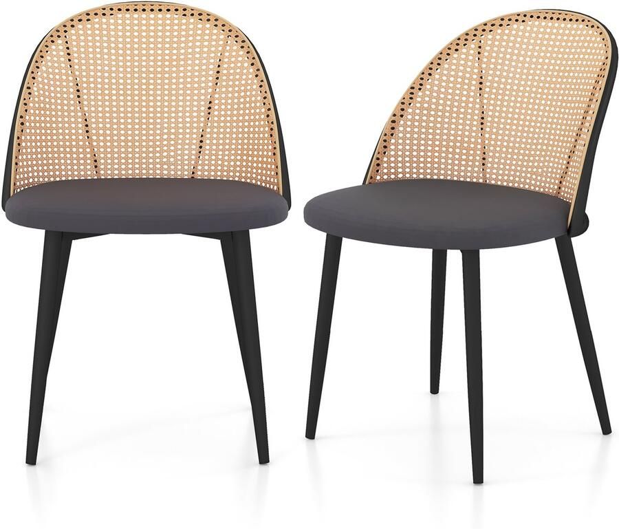 Costway Eetkamerstoelen set van 2 keukenstoelen met gesimuleerde rotan en metalen poten 150 kg belastbaar stoelen zonder armleuningen rotan stoelen voor eetkamer restaurant woonkamer grijs