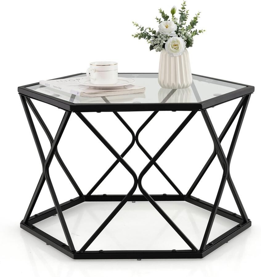 Costway Geometrisch Glas Salontafel Hexagonale Eindtafel met Gehard Glas Bovenkant & Metalen Poten Moderne Accent Salontafel voor Woonkamer Ontvangstkamer Zwart