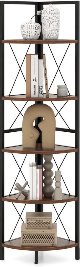 Costway Hoekplank met 5 niveaus 160 cm hoog boekenkast hout staand rek met metalen frame opbergrek voor woonkamer badkamer keuken en hal (vintage)