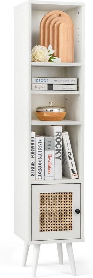 Costway Hoge kast rotan badkamerkast met 4 planken houten poten en rotandeur commode smal boekenkast boho houten kast 29 5 x 29 5 x 137 cm (wit)