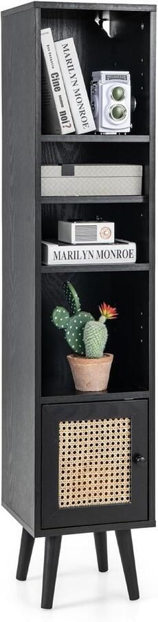 Costway Hoge kast rotan badkamerkast met 4 planken houten poten en rotandeur commode smal boekenkast boho houten kast 29 5 x 29 5 x 137 cm (zwart)