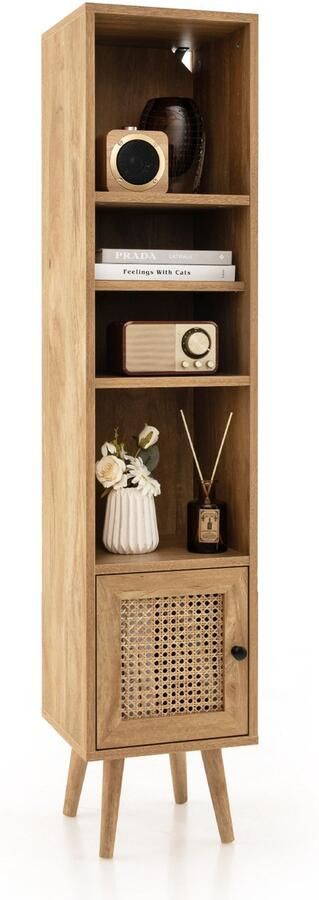 Costway Hoge kast rotan badkamerkast met 4 planken houten poten en rotandeur commode smal boekenkast boho houten kast 29 5 x 29 5 x 137 cm (bruin)