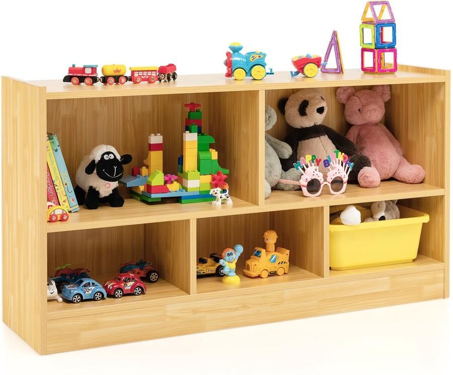 Costway Houten speelgoedkast voor kinderen speelgoedrek met 2 grote vakken en 3 kleine vakken open kinderrek voor speelgoed poppen en boeken 111 x 30 x 61 5 cm naturel