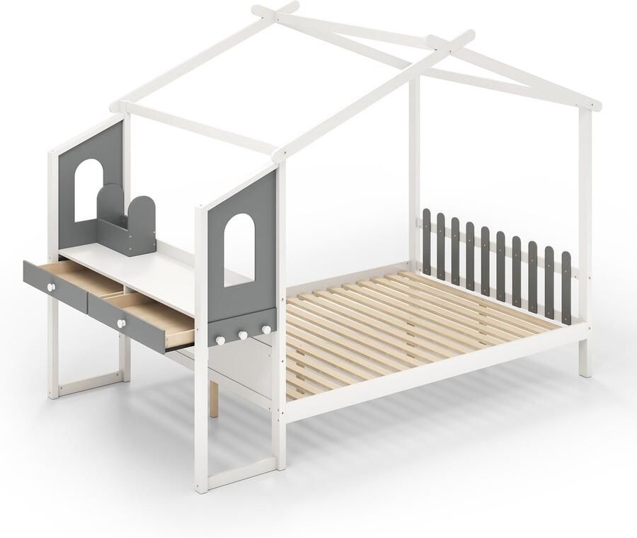 Costway Huisbed met bureau 90 x 200 cm kinderbed met lattenbodem bureau met opbergdoos laden en haken jeugdbed houten bed voor kinderen wit