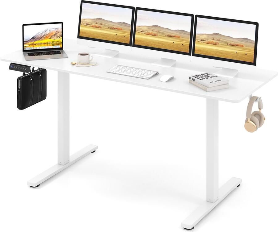 Costway In hoogte verstelbaar bureau 160 x 60 cm elektrisch sta-bureau met 2 haken en kabelmanagement sta-zittafel met geheugenfunctie en botsingsbescherming computertafel voor thuiskantoor