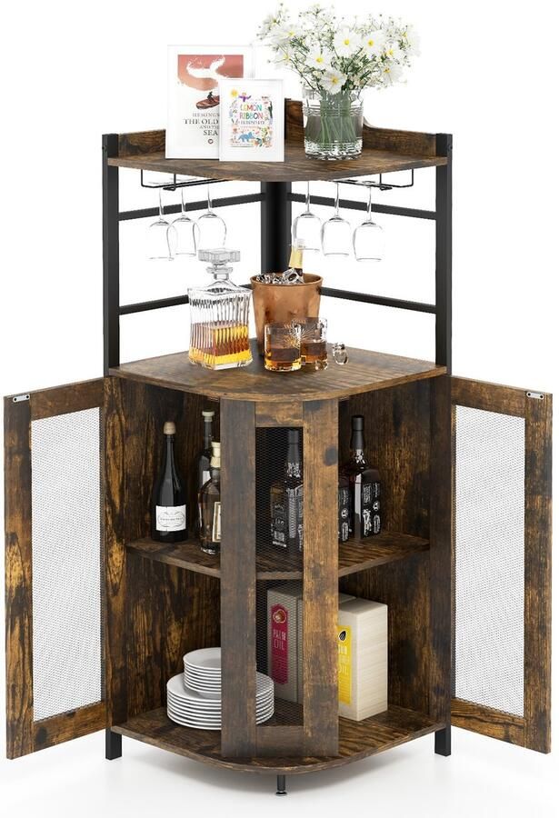 Costway Industriële barkast wijnkast met glashouder huisbar van metalen frame hoekkast keuken 46 x 46 x 130 cm