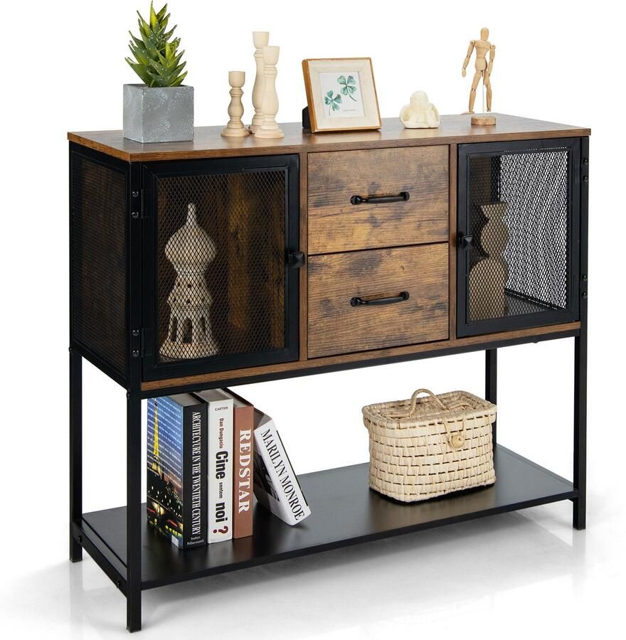 Costway Industriële buffet Dressoir Accent Console Tafel met 2 Metaalgaas Kasten 2 Uittrekbare Laden & Bodemplank Multifunctionele Opbergkast voor Woonkamer Eetkamer Keuken Rustiek Bruin
