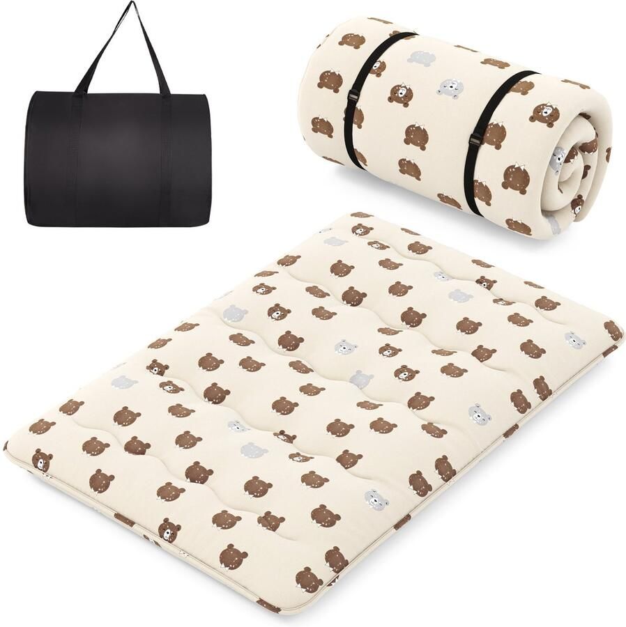 Costway Japanse futon matras tatami-mat vloermat vouwmatras met wasbare overtrek opvouwbare slaapmat met draagtas bruine beer 140 x 200 cm