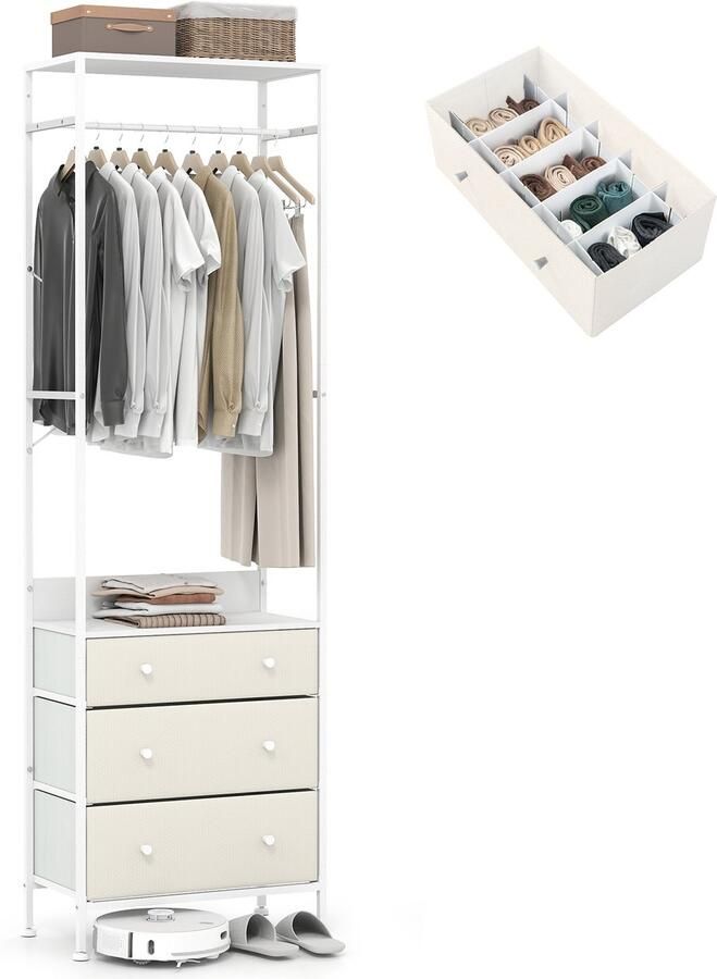 Costway Kapstok met 3 laden garderobe met ophangstang en opbergvakken kledingstandaard vrijstaand industriële halgarderobe voor hal en slaapkamer 55 x 28 x 176 cm (wit)