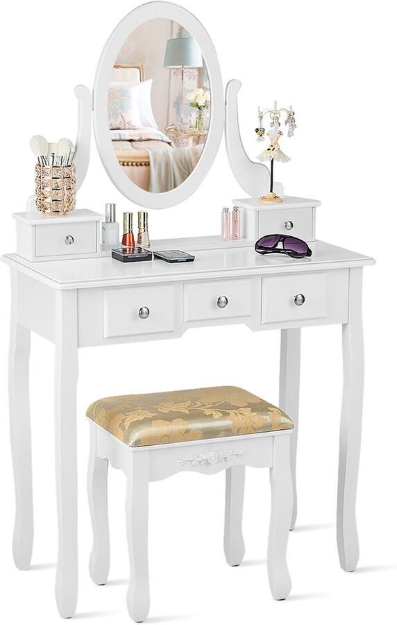 Costway Kaptafel set met 360 ° draaibare ovale spiegel make-uptafel kaptafel voor vrouwen meisjes multifunctionele make-up tafel met 5 laden