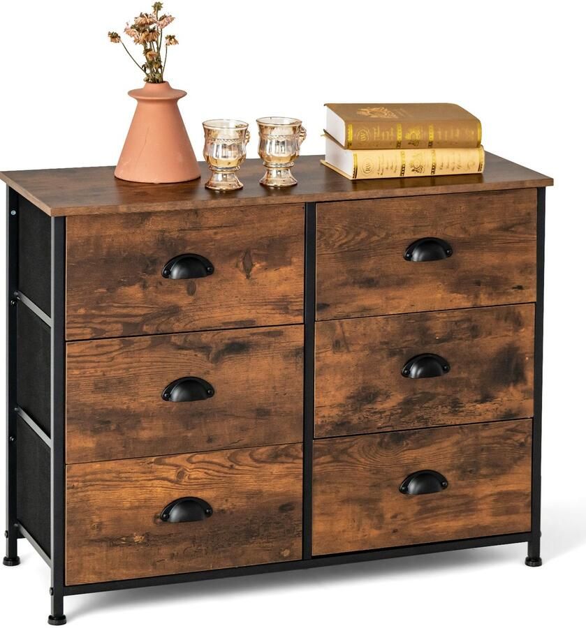 Costway Kast met 6 Laden Dressoir op 3 Niveaus met Opvouwbare Stoffen Laden Metalen Ladehandgrepen en Roestvrijstalen Frame Bruin