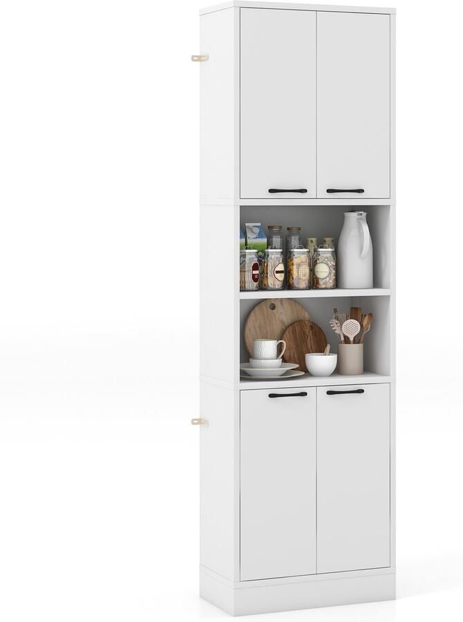 Costway Keukenkast 190 cm hoog hoge kast met deuren planken veiligheidsscharnieren en kantelbeveiliging dressoir vrijstaand multifunctionele kast voor eetkamer woonkamer wit