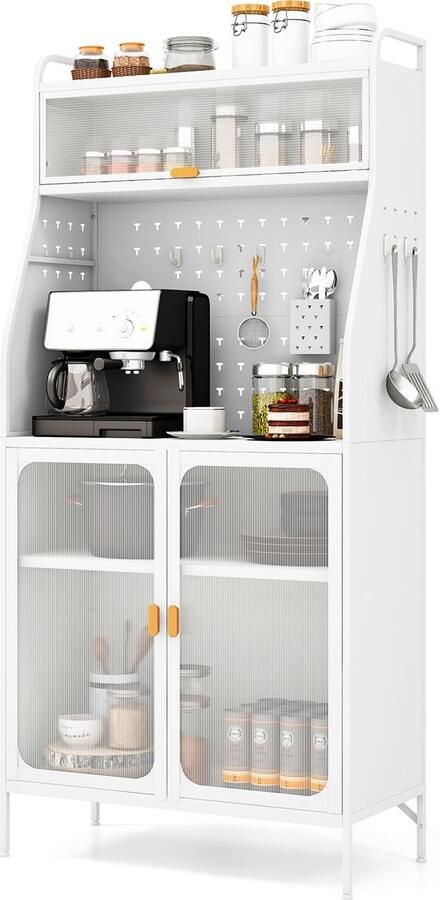 Costway Keukenkast keukenbuffet van metaal met steekplank en verstelbaar rek hoge kast met 8 haken en 1 hangmand buffetkast voor keuken woonkamer kantoor eetkamer 76 x 36 x 161 cm wit