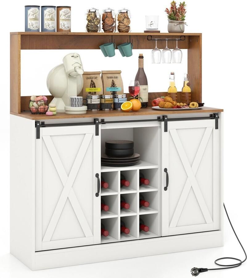 Costway Keukenkast met laadstation buffetkast met werkblad schuifdeuren uitneembaar wijnrek glashouders opbergkast voor keuken eetkamer woonkamer