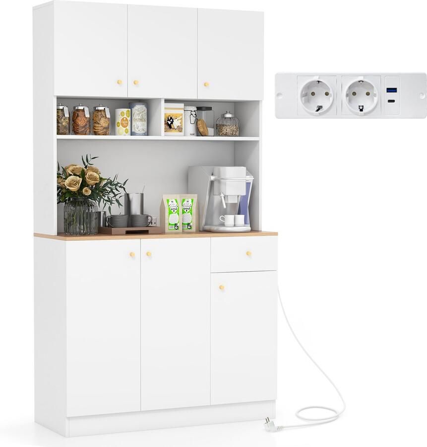 Costway Keukenkast van hout buffetkast met stopcontacten en USB-poorten hoge kast voor keuken met verstelbare planken opbergkast voor keuken eetkamer woonkamer 100 x 40 x 181 cm wit