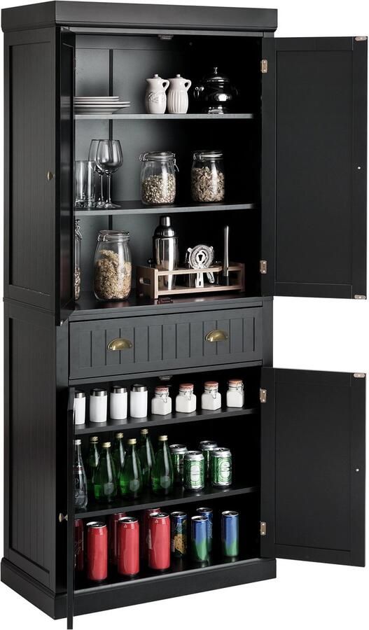 Costway Keukenkast van hout buffetkast met verstelbare planken 4 deuren en laden hoge kast keukenbuffet vrijstaand voor keuken eetkamer woonkamer 76 x 40 x 183 cm zwart