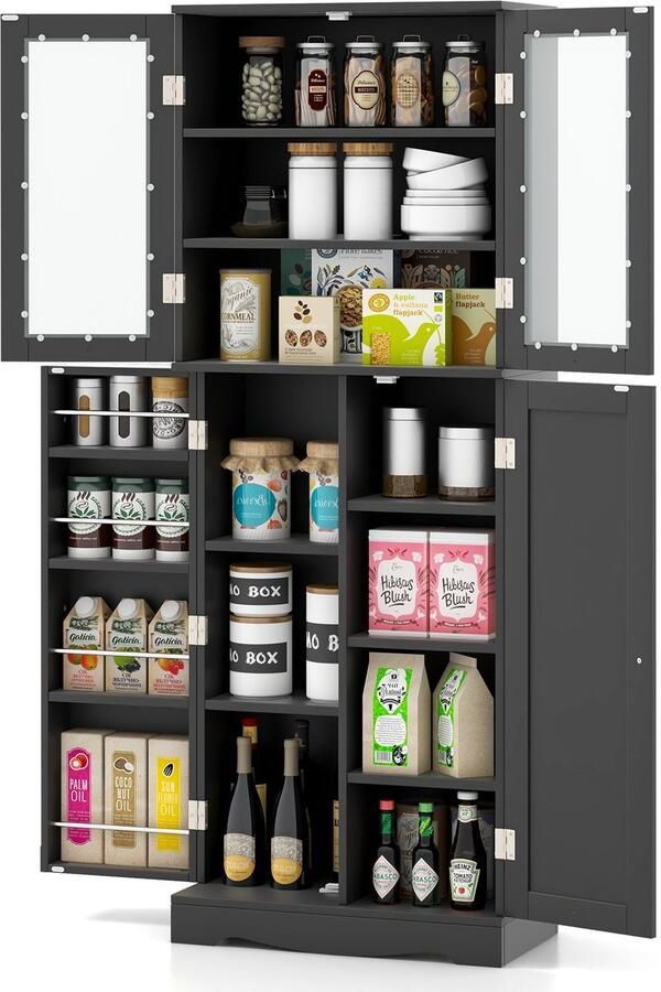 Costway Keukenkast van hout hoge kast met glazen deuren keukenbuffet vrijstaand multifunctioneel met kantelbeveiliging opbergkast voor keuken eetkamer woonkamer 60 x 31 5 x 161 5 cm