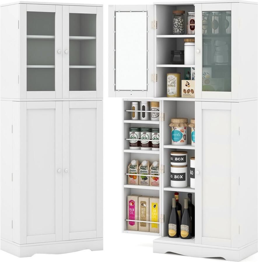 Costway Keukenkast van hout hoge kast met glazen deuren keukenbuffet vrijstaand multifunctioneel met kantelbeveiliging opbergkast voor keuken eetkamer woonkamer 60 x 31 5 x 161 5 cm