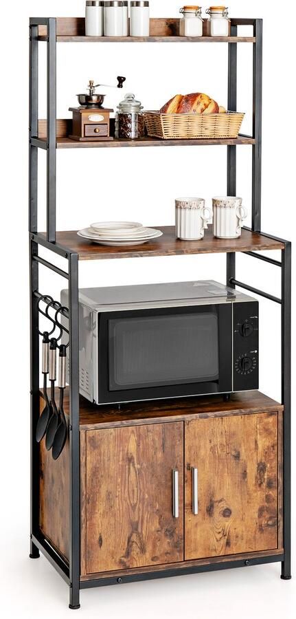 Costway Keukenrek met opbergkast bakkersrek opbergrek met haken staand rek met planken keukenkast met deur en verstelbare poten voor keuken en eetkamer vintage industrieel rek