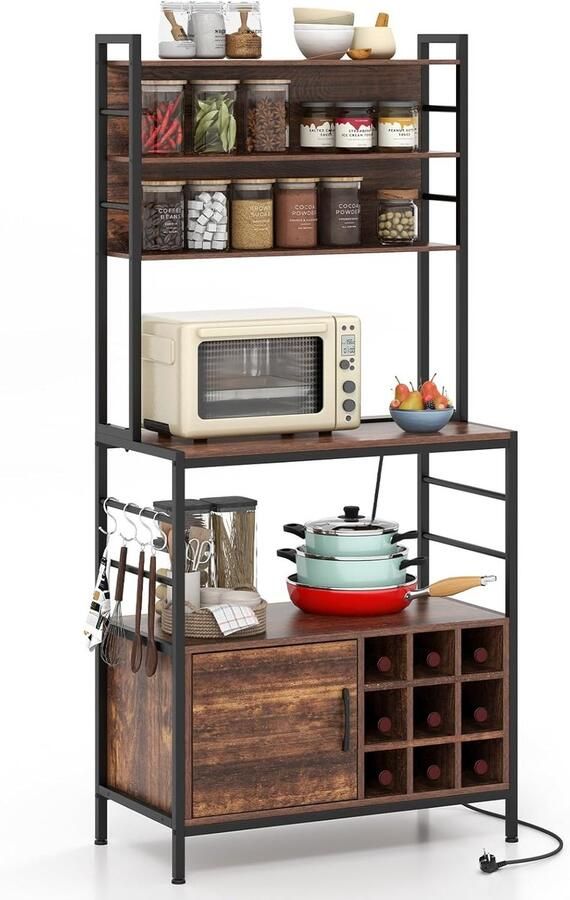 Costway Keukenrek met stopcontact wijnrek voor 9 flessen staand rek met kast open planken en haken magnetronrek met metalen frame bakkersrek voor keuken 80 x 40 x 170 cm (bruin)