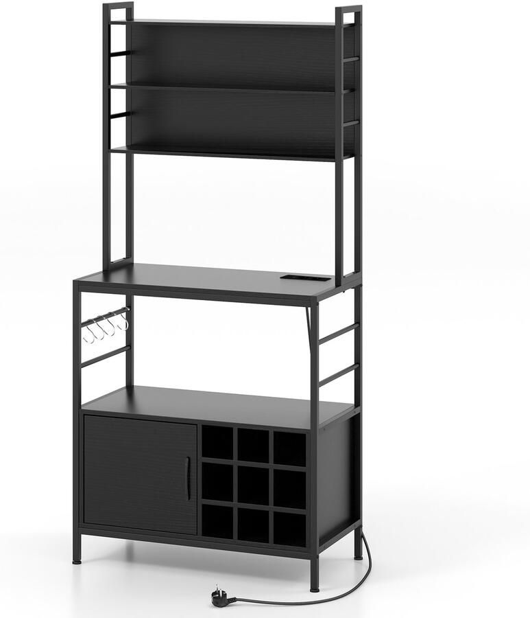 Costway Keukenrek met stopcontact wijnrek voor 9 flessen staand rek met kast open planken en haken magnetronrek met metalen frame bakkersrek voor keuken 80 x 40 x 170 cm (zwart)