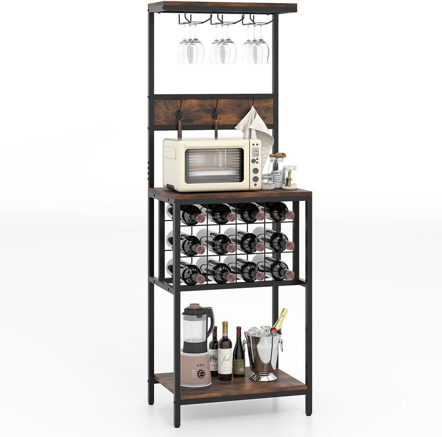 Costway Keukenrek met wijnrek staand rek met planten 3 haken glashouders en wijnflessenhouders voor keuken bar eetkamer kelder bakkersrek vrijstaand vintage bruin 54 x 37 x 156 cm