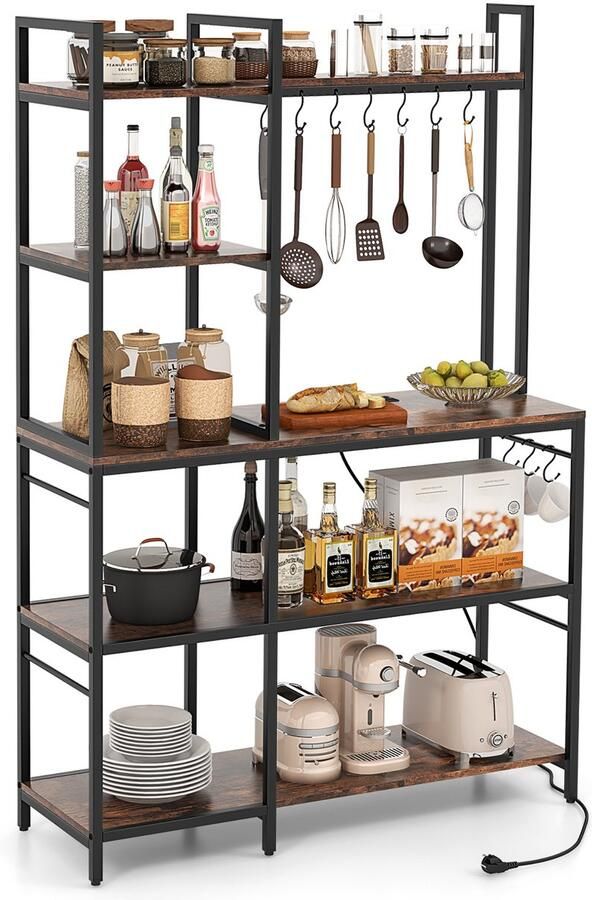 Costway Keukenrek staand rek met stopcontacten 5 etages magnetronrek met planken en 10 S-haken bakkersrek metalen frame tot 100 kg voor keuken eetkamer vintage bruin 107 x 37 x 160 cm