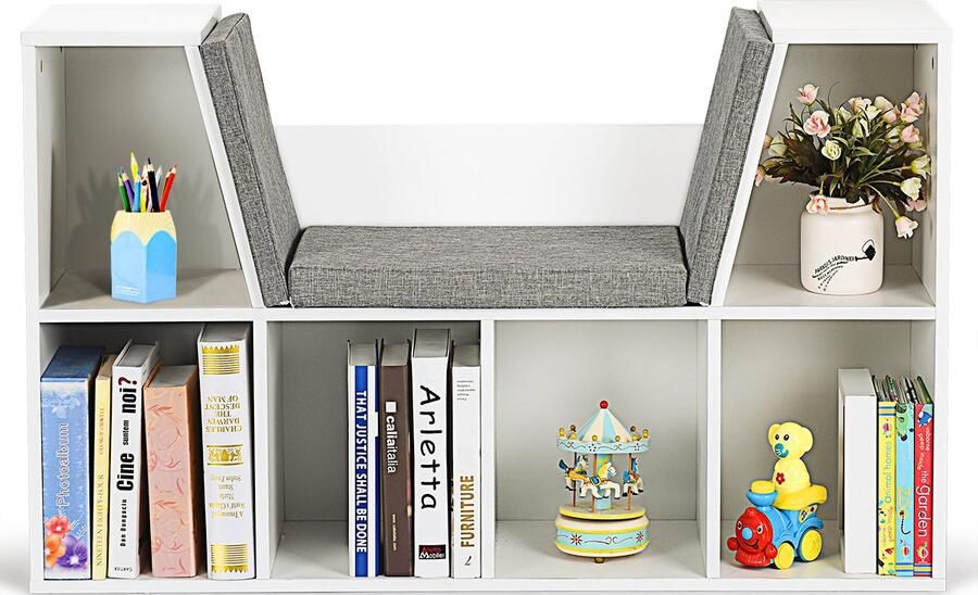 Costway Kinderboekenkast met kussen 6 vakken houten kinderrek met achterwand opbergrek kubusrek boekenkast voor kinderkamer slaapkamer 103 x 30 x 63 cm (wit)