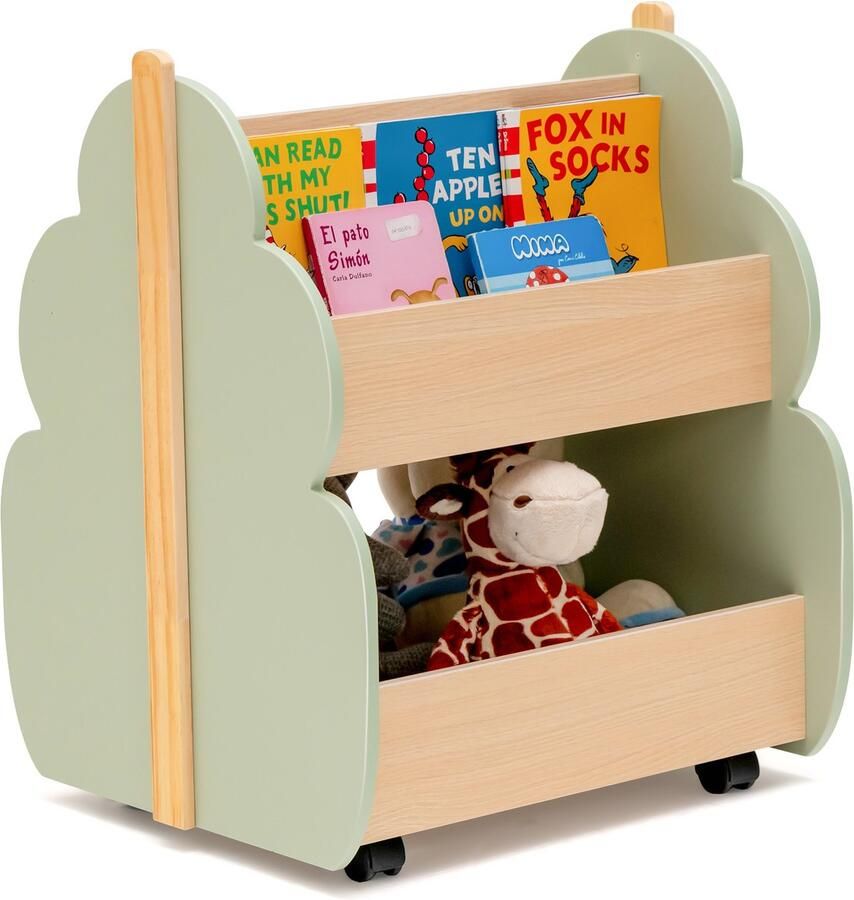 Costway Kinderboekenkast op wieltjes 2 niveaus speelgoedrek van hout 52 x 46 x 62 5 cm (groen)