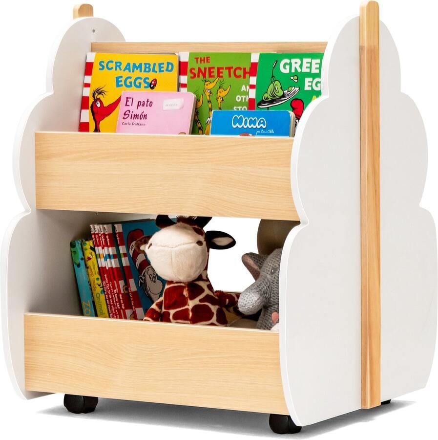 Costway Kinderboekenkast op wieltjes 2 niveaus speelgoedrek van hout 52 x 46 x 62 5 cm (wit + natuur)