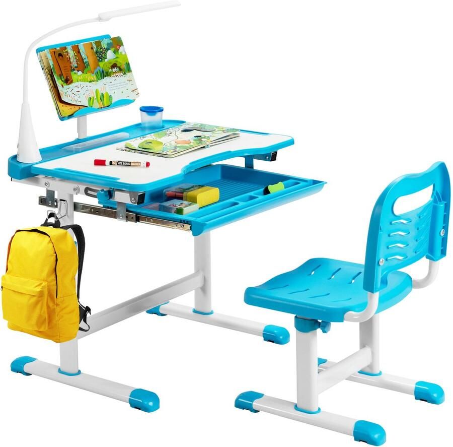 COSTWAY Kinderbureauset met boekenstandaard en ledlicht in hoogte verstelbare kindertafel en stoel met kantelbaar tafelblad en lade kinderbureau voor jongens en meisjes (blauw)