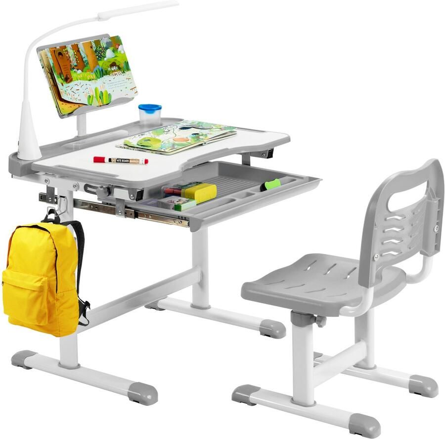 Costway Kinderbureauset met boekenstandaard en ledlicht in hoogte verstelbare kindertafel en stoel met kantelbaar tafelblad en lade kinderbureau voor jongens en meisjes (grijs)