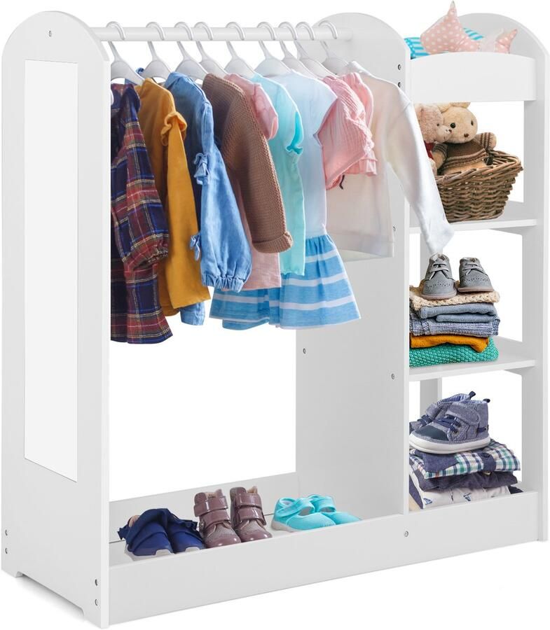 Costway Kindergarderobe met spiegel prinses kledingrek met kleerhanger en 4 planken kinderkledingkast van hout 93 5 x 38 x 100 cm (wit)