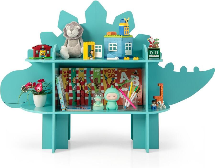 Costway Kinderrek 2 niveaus houten speelgoedrek met open planken schattige boekenkast kinderkamerrek voor kinderkamer speelkamer kleuterschool (groen dinosaurus)