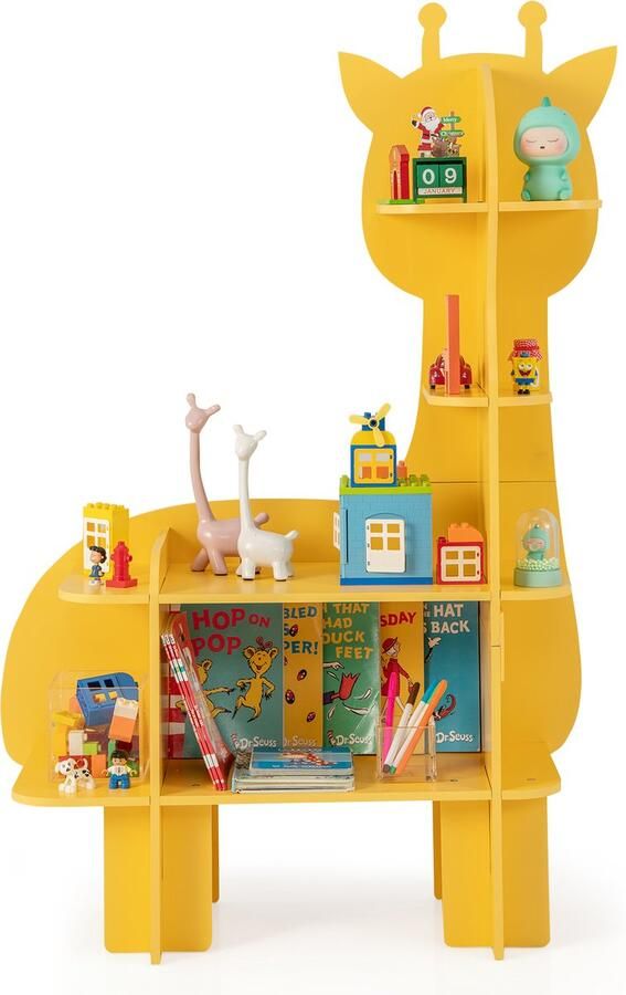 Costway Kinderrek 2 niveaus houten speelgoedrek met open planken schattige boekenkast kinderkamerrek voor kinderkamer speelkamer kleuterschool (geel giraffe)