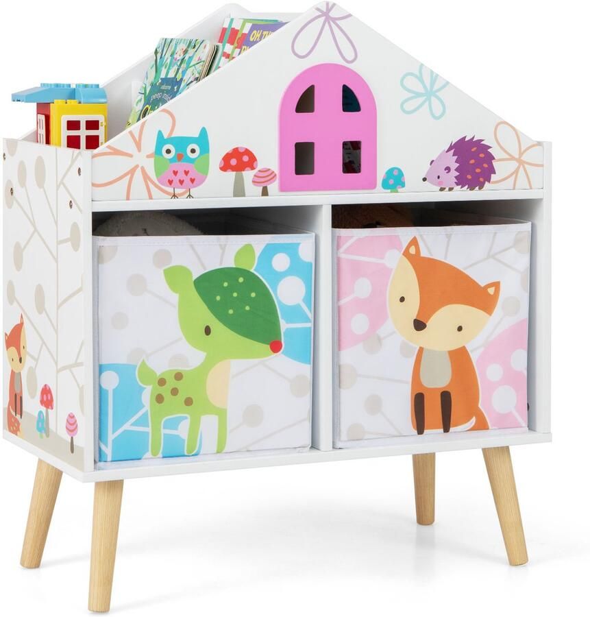 Costway Kinderrek boekenrek voor kinderen met 2 opbergdozen houten speelgoedkist voor kinderkamer speelkamer 62 x 30 x 72 cm
