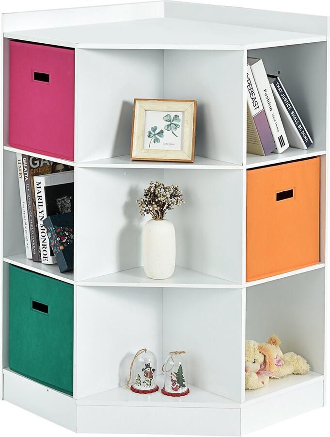 Costway Kinderrek met 3 verdiepingen modern hoekrek voor opslag opbergrek voor boeken speelgoed pop boekenrek voor kinderen voor kinderkamer woonkamer (wit 9 vakken)