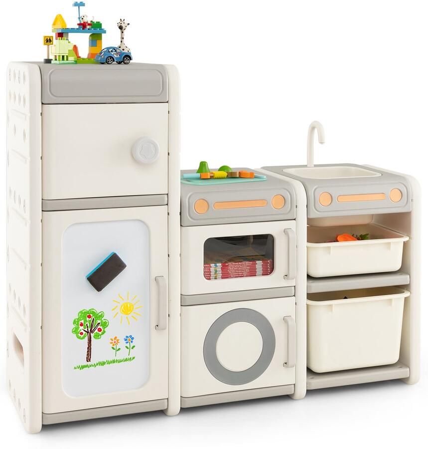 Costway Kinderrek met boxen kinderkamerrek met 4 kasten gootsteen waterkraan whiteboard markeerstiften bordgum boekenrek voor kinderen speelgoedrek voor speelgoed (dromer)