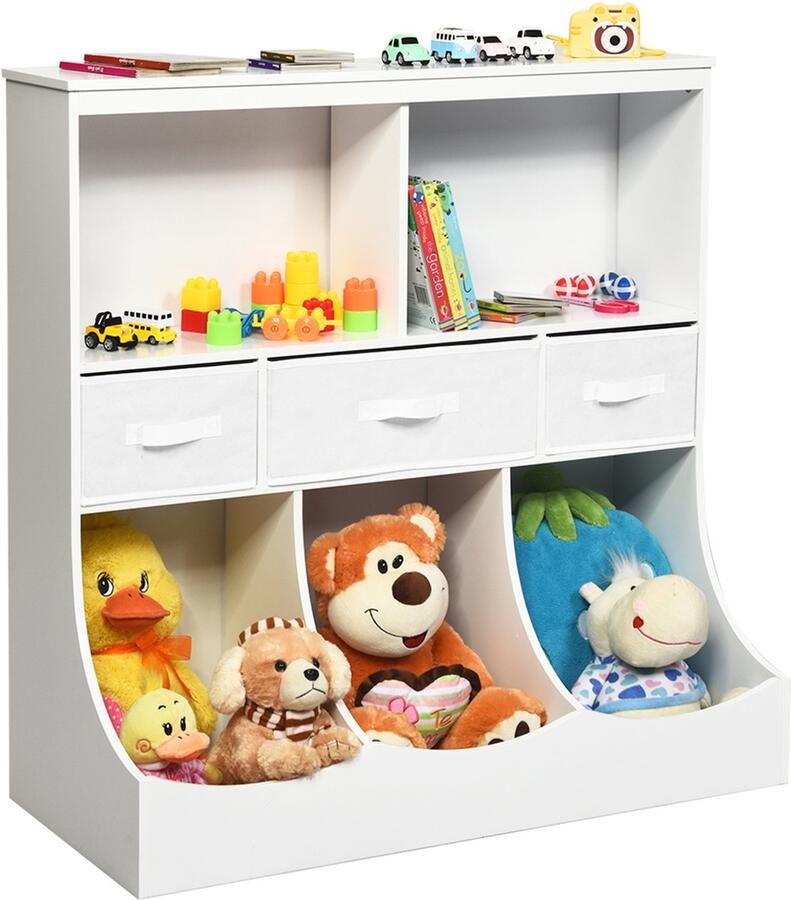 Costway Kinderrek speelgoedrek met 5 vakken en 3 laden boekenkast voor kinderen opbergrek speelgoedorganizer voor kinderkamer en speelkamer 93 x 40 x 94 cm wit